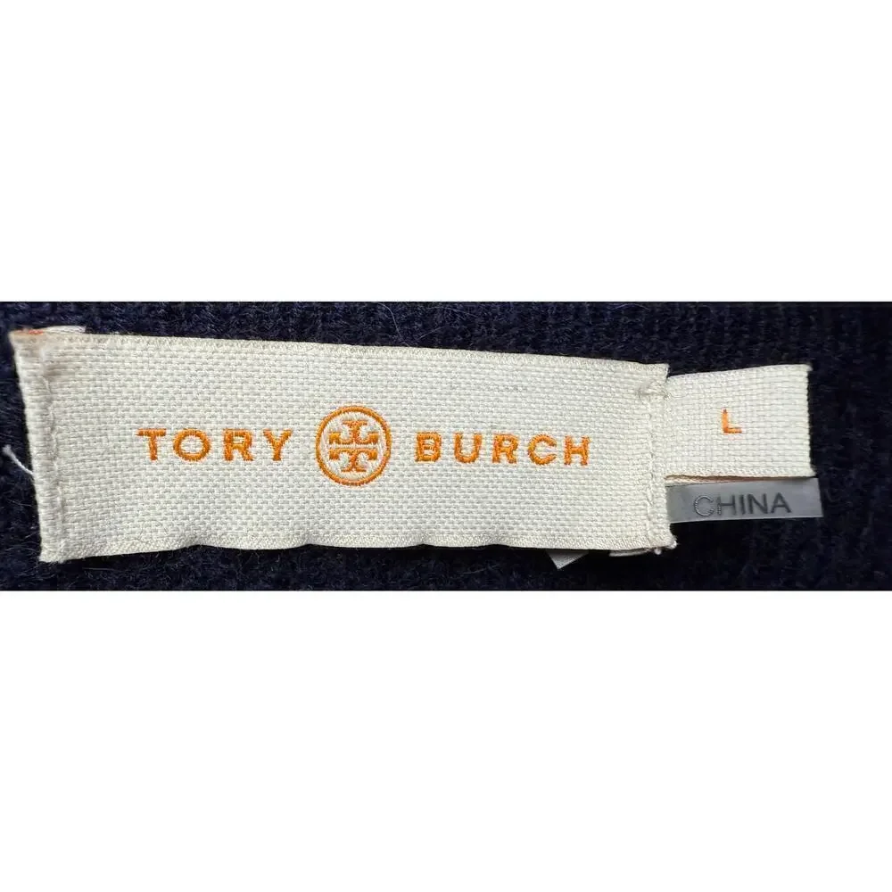Tory Burch $598 Navy Wool Alpaca Windowpane Knit Long Sweatercoat Cardigan Sz L
